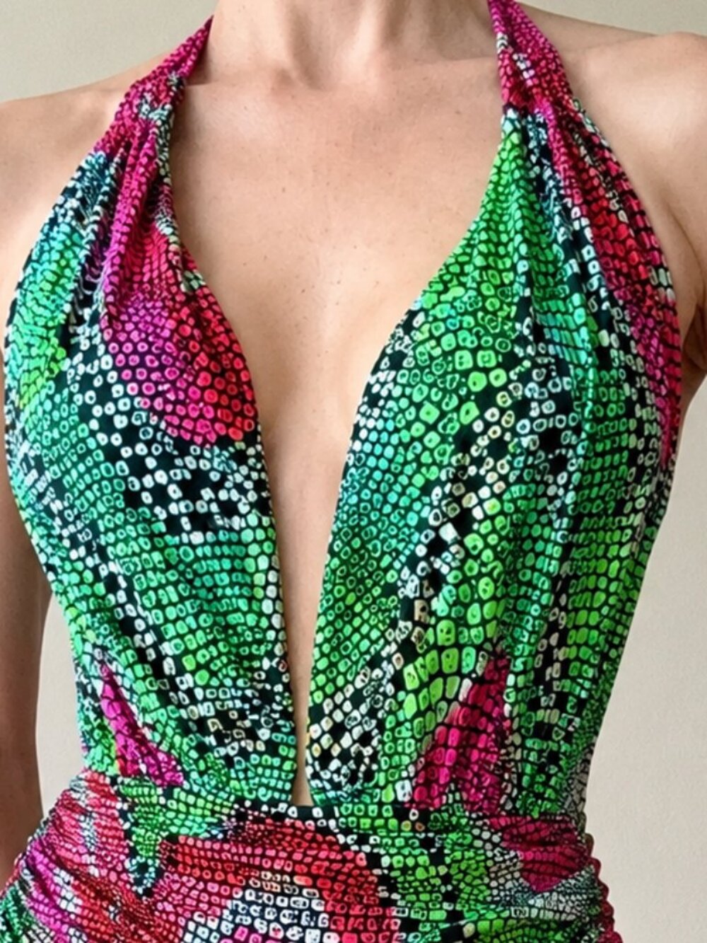 Vintage Oscar de la Renta Plunge Neck Neon Snake Black High Cut Swimsuit USA 4